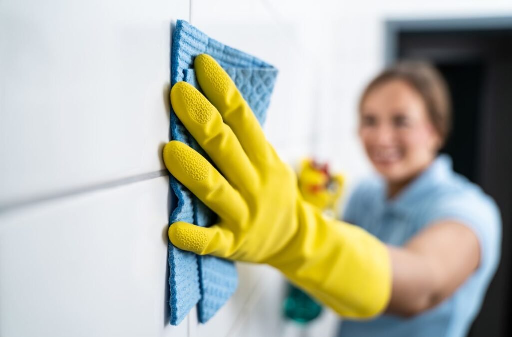 Tidy Touch team member using eco-friendly products during a deep cleaning in Aspen Woods, Calgary.