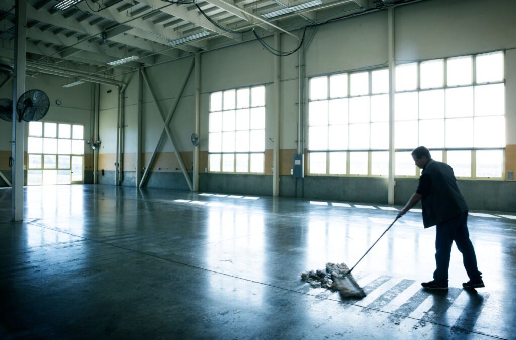 A Tidy Touch team member performing thorough post-construction cleaning in West Springs, AB, highlighting expertise and reliability. Post Construction Cleaning near me.