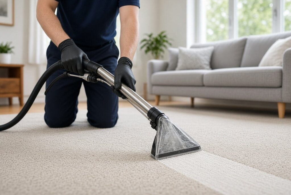 Technician doing hot water extraction carpet cleaning in a Calgary living room