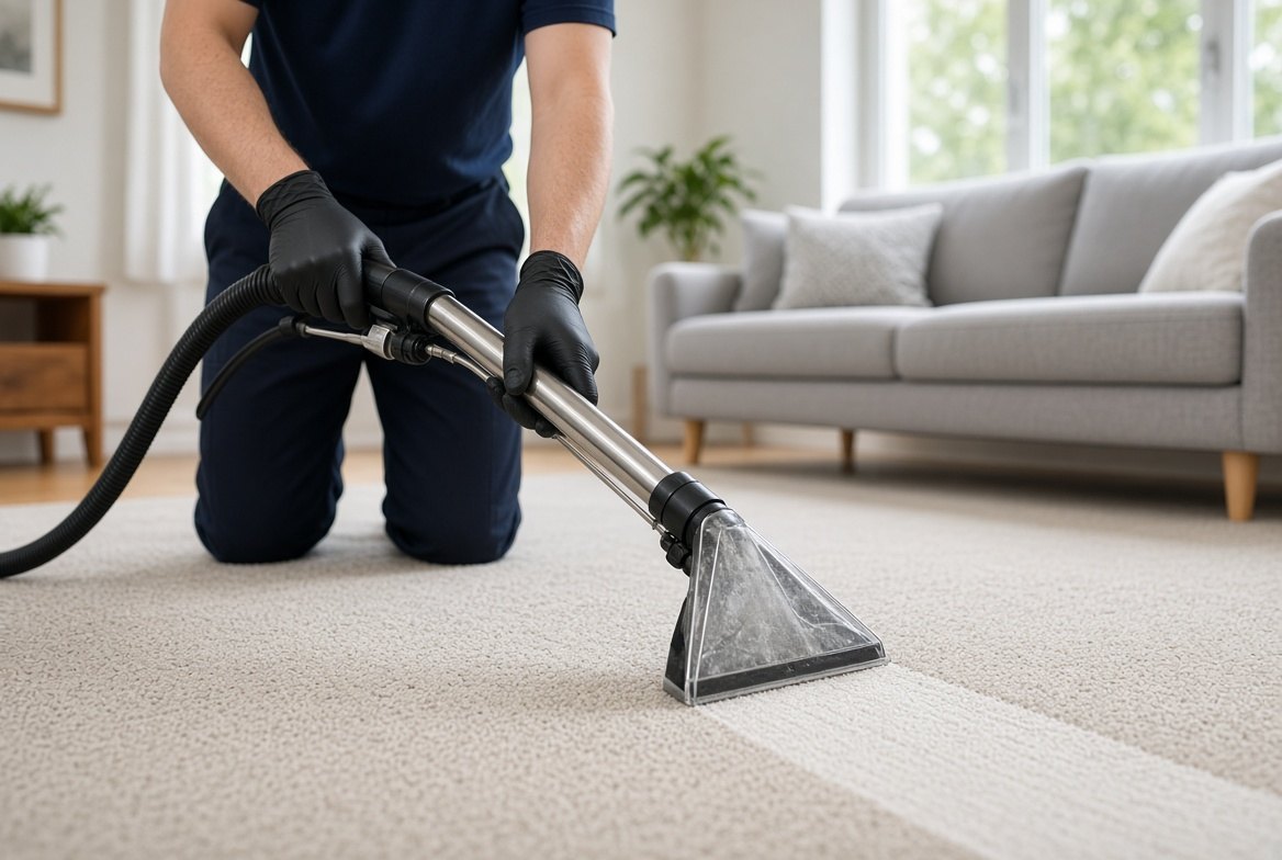 Technician doing hot water extraction carpet cleaning in a Calgary living room