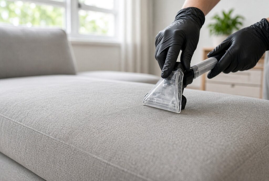 Upholstery cleaning on a fabric sofa in a Calgary home